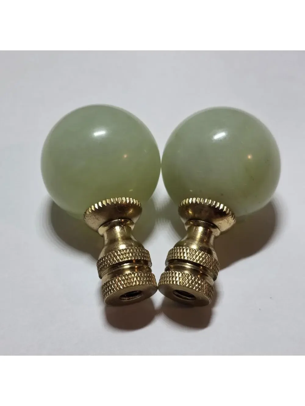 Lot Of 2 Green Jade Gemstone Lamp Finials Polished Brass Base EUC